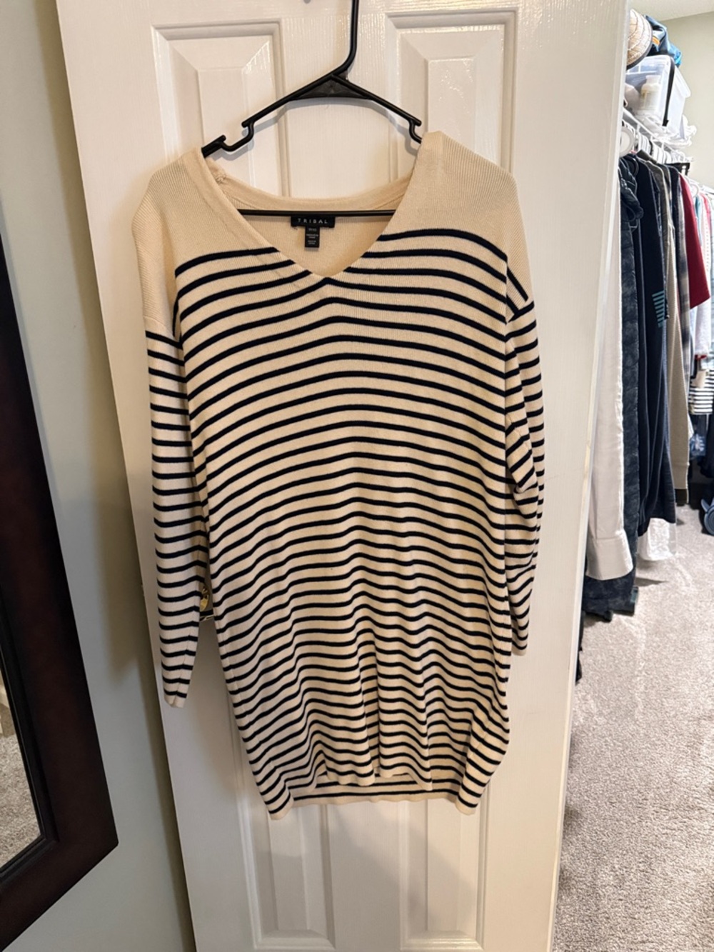 Tribal Black and Cream Striped V-Neck Sweater